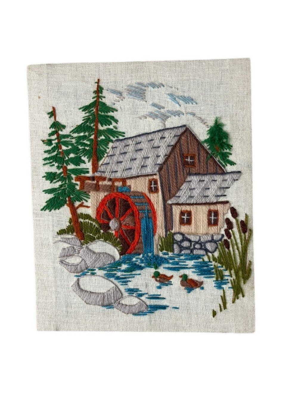 Vintage Hand Embroidered Scenic Watermill Textile Art Rustic Decor Nature Motif